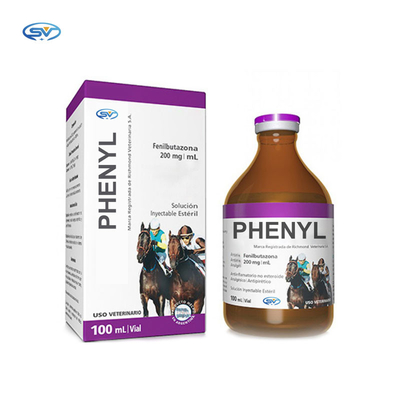 घोड़ों के उपयोग के लिए पशु चिकित्सा इंजेक्शन योग्य दवाएं फेनिलबूटाज़ोन 20% इंजेक्शन योग्य समाधान, 100 मि.ली.